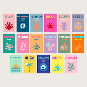 17 Conjunto de carteles de viaje, Boho Travel Print Retro Travel Print Colorido cartel de viaje Maximalist Wall Art Bondi Miami Capri Palm Mykonos Ibiza