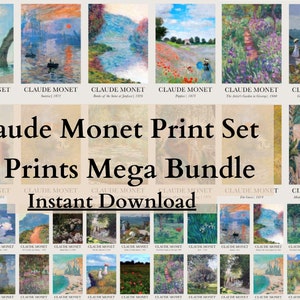 Op de afbeelding: Een set van 24 digitale prints met beroemde schilderijen van Claude Monet. De prints bevatten een verscheidenheid aan onderwerpen, waaronder landschappen, zeegezichten en stillevens. De tekst "Claude Monet Print Set 24 Prints Mega Bundle Instant Download" staat bovenaan de afbeelding.