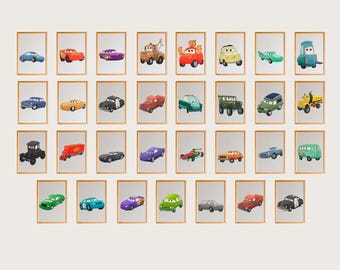 Pacote com 31 impressões de pôsteres de filmes de carros, impressões de filmes de carros, berçário de filmes de carros, arte de filmes de carros, arte de parede de filmes de carros, impressão de Relâmpago Mcqueen