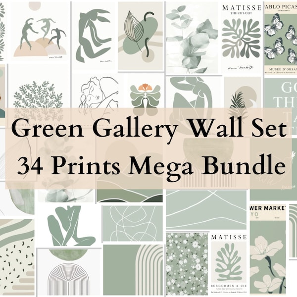 34 Green Gallery Wall Prints Set, Botanical Prints, Nature-Inspired Art, Nature Wall Art, Green Wall Art, Abstract Green Print