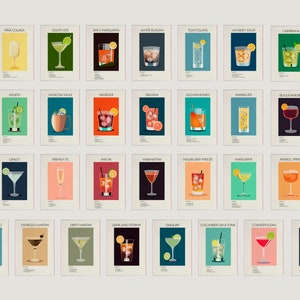 29 Cocktail Prints Set, Classic Cocktail Wall Art, Cocktail Bar Posters, Kitchen Art, Bar Decor Bundle, Retro Cocktail Print, Bar Cart Art