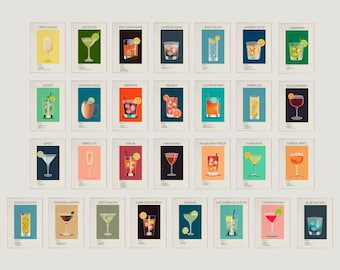 29 Cocktail Prints Set, Classic Cocktail Wall Art, Cocktail Bar Posters, Kitchen Art, Bar Decor Bundle, Retro Cocktail Print, Bar Cart Art