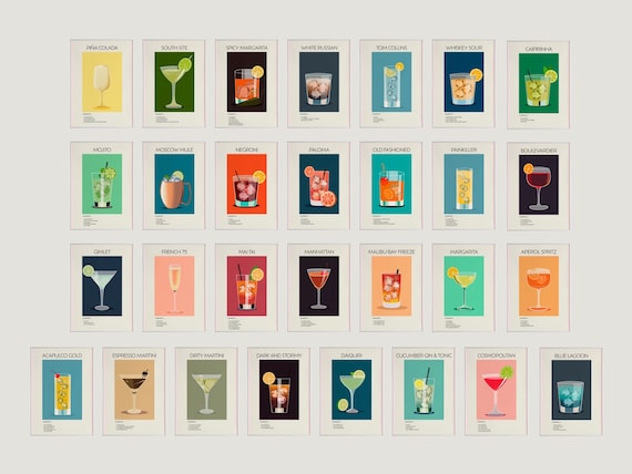 29 Cocktail Prints Set, Classic Cocktail Wall Art, Cocktail Bar Posters, Kitchen Art, Bar Decor Bundle, Retro Cocktail Print, Bar Cart Art