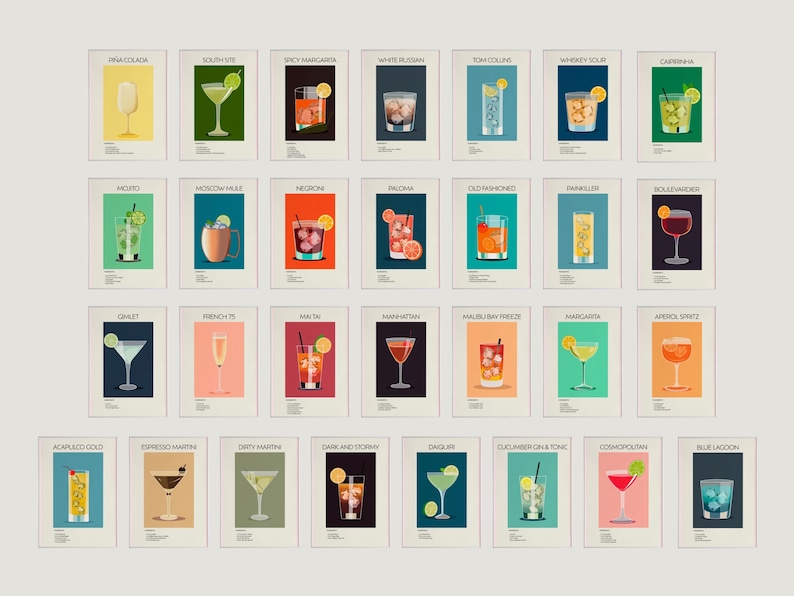 A grid of 29 cocktail prints featuring minimalist illustrations of various cocktails, each with ingredients listed below, displayed against a light background.