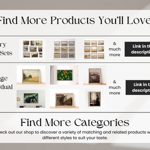 Pu&ograve; includere: Immagine promozionale con il testo "Find More Products You'll Love!" e "Find More Categories." Mostra set di gallerie a parete e arte vintage individuale, con un invito a trovare maggiori dettagli nella descrizione.