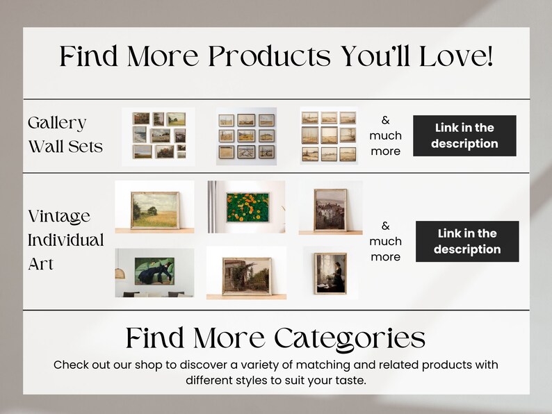 Pu&ograve; includere: Immagine promozionale con il testo "Find More Products You'll Love!" e "Find More Categories." Mostra set di gallerie a parete e arte vintage individuale, con un invito a trovare maggiori dettagli nella descrizione.