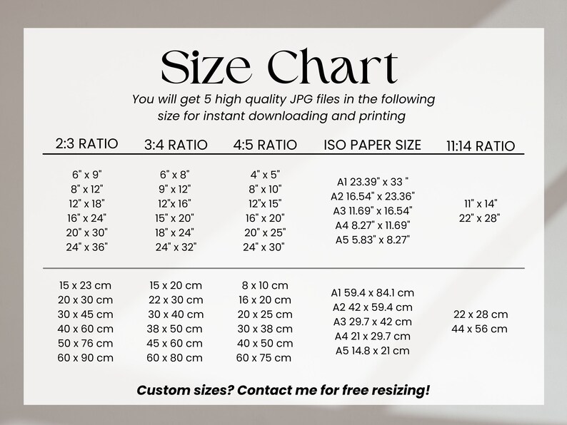 May include: A size chart for digital printable art prints. The chart shows different aspect ratios and corresponding sizes in inches and centimeters. The chart also includes standard ISO paper sizes in inches and centimeters.
