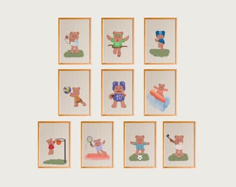 Sport Teddy Bear Nursery Prints: Playful Boy Room Decor (Digital Download)