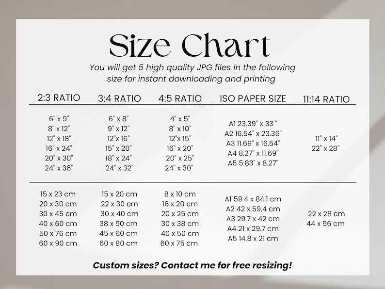 May include: A chart showing different sizes for digital prints in inches and centimeters. The chart includes 2:3, 3:4, 4:5, and 11:14 ratios, as well as standard ISO paper sizes. The text at the bottom says "Custom sizes? Contact me for free resizing!"