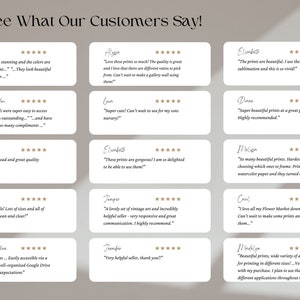 May include: A collage of customer reviews for digital art prints. Each review includes a star rating and a quote from the customer. The reviews highlight the quality, ease of use, and variety of the prints.