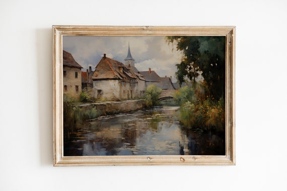 Vintage Country Painting Rustic European Village Art, Vintage Country House Painting, Rustic European Village Print, Rustic Vintage Art