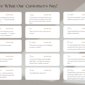 May include: A collage of customer reviews for digital art prints. Each review includes a five-star rating and a quote from the customer. The reviews highlight the quality, ease of use, and variety of the prints.