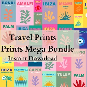 17 Conjunto de impressão de viagem, Boho Impressão de viagem Retro Impressão de viagem Colorido Poster de viagem Maximalista Arte de parede Bondi Miami Capri Palm Mykonos Ibiza