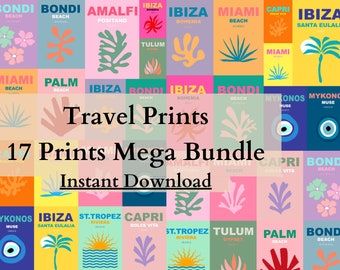 17 Travel Print Set, Boho Travel Print Retro Travel Print Colorful Travel Poster Maximalist Wall Art Bondi Miami Capri Palm Mykonos Ibiza