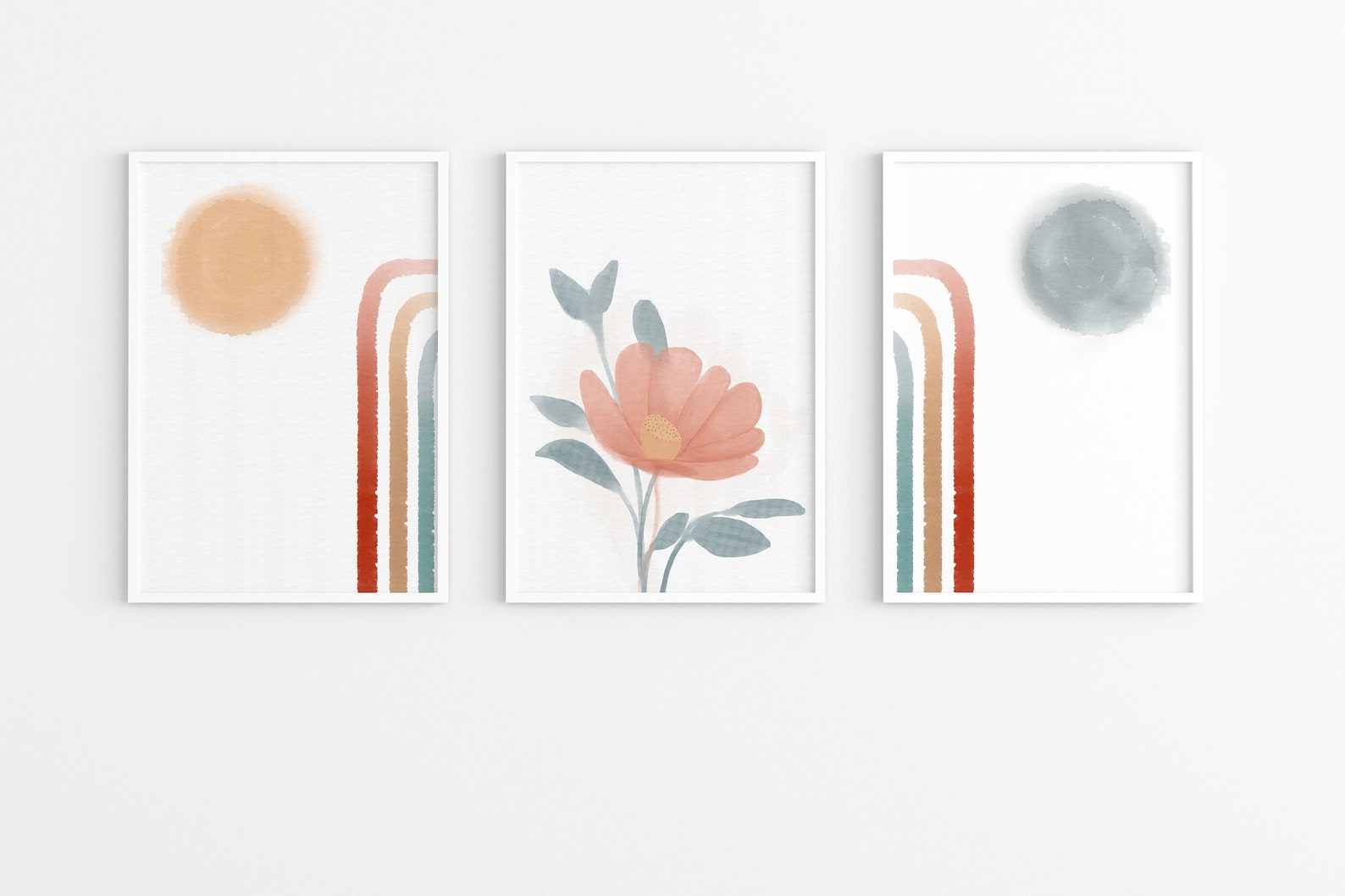 3 Boho Rainbow Wildflower Watercolor Prints Set, Wildflower Nursery ...
