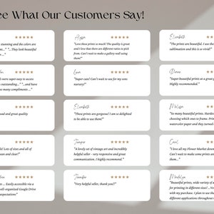 May include: A collage of customer reviews for digital art prints. Each review includes a five-star rating and a quote from the customer. The reviews highlight the quality, ease of use, and overall satisfaction with the prints.