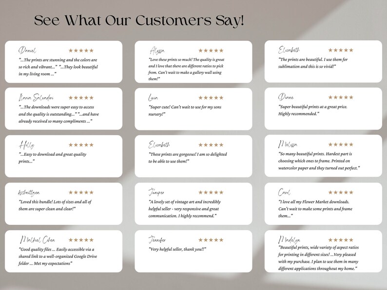 May include: A collage of customer reviews for digital art prints. Each review includes a five-star rating and a quote from the customer. The reviews highlight the quality, ease of use, and overall satisfaction with the prints.