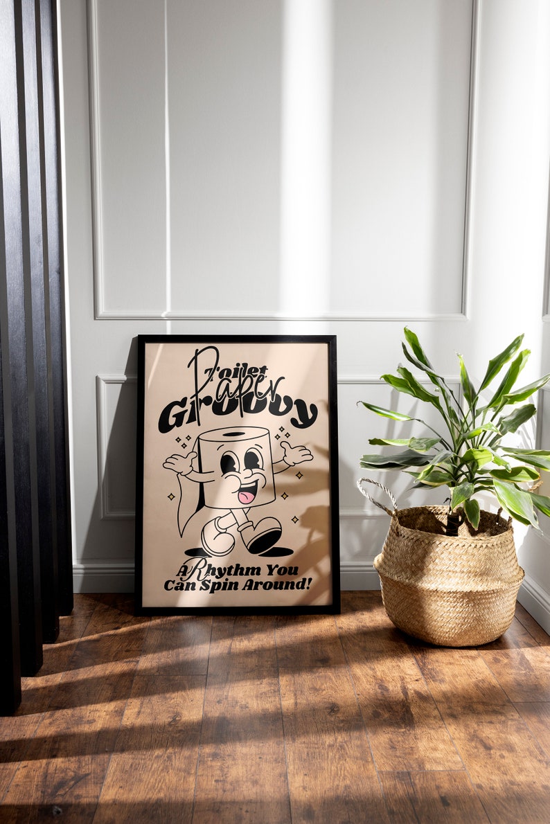 Vintage-inspired wall art featuring a cartoon character next to a potted plant with a retro poster saying 'Toilet Paper Groovy - A Rhythm You Can Spin Around' in a room with wooden floors and rattan baskets