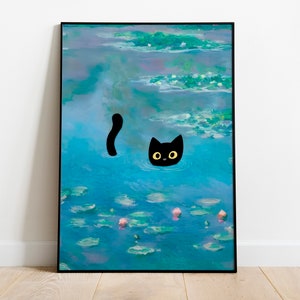 モネの黒猫アート、モネの睡蓮の猫のプリント、モネの猫のアート、モネの猫のプリント、モネのプリントの猫、クロード・モネの猫のポスター、モネの猫のポスター