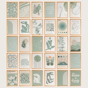 34 groene galerij muurafdrukken set, botanische prints, op de natuur geïnspireerde kunst, natuurkunst aan de muur, groene muurkunst, abstracte groene print