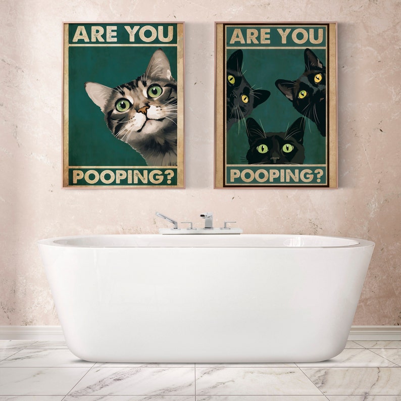 Vintage-style print featuring three inquisitive black cats on a rich green background, comically questioning 'Are You Pooping?', displayed above a pristine white bathtub