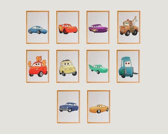 Pacote com 10 pôsteres do filme Carros, impressões do filme Carros, arte do filme Carros, arte de parede do filme Carros, impressão do Relâmpago Mcqueen, berçário do filme Carros