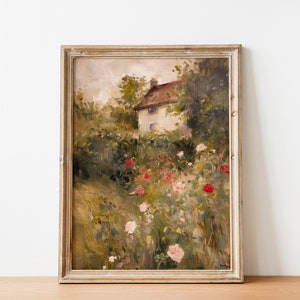 Rose Garden Vintage Painting, Vintage English Cottage Art, Vintage Dining Room Decor, Farmhouse Print, Spring Decor, Vintage Oil Painting