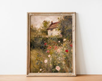 Rose Garden Vintage Painting, Vintage English Cottage Art, Vintage Dining Room Decor, Farmhouse Print, Spring Decor, Vintage Oil Painting