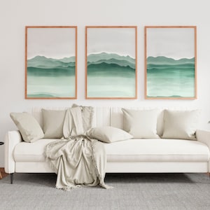 Sage Green Mountain Abstract Wall Art Set of 3 Prints, sage green gallery wall, sage green wall art gallery, Sage Green Abstract Art Set