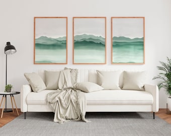 Sage Green Mountain Abstract Wall Art Set of 3 Prints, sage green gallery wall, sage green wall art gallery, Sage Green Abstract Art Set