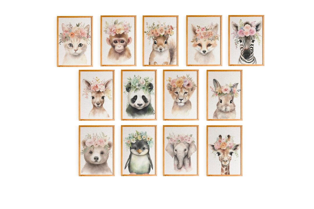 13 Flower Crown Animal Prints, Safari Nursery Prints, Baby Animal Wall ...
