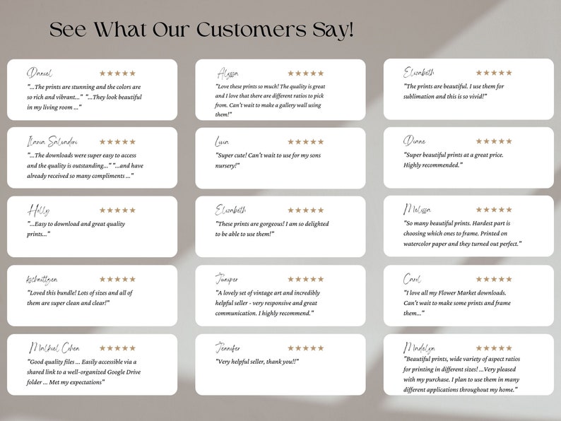 May include: A collage of customer reviews for digital art prints. The reviews are positive and highlight the quality, ease of use, and variety of the prints.
