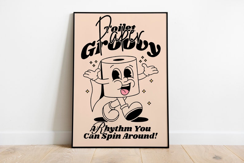 Colorful poster titled 'Toilet Paper Groovy' with playful typography and the tagline 'Rhythm You Can Spin Around!', capturing a retro 60s and 70s vibe