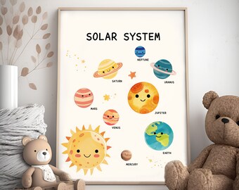 Nursery Solar System Print, Space Nursery Print, Nursery Spaceman, Educational Print, Space Kids Wall Art, Space Wall Art Kids