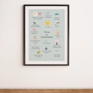 Pu&ograve; includere: Un poster azzurro chiaro con una cornice bianca, che presenta un elenco di cose da ricordare, illustrate con icone colorate. Il testo include frasi come "Tu brilli", "Sei amato e degno", "Va bene chiedere aiuto", e "Le cose buone stanno arrivando".
