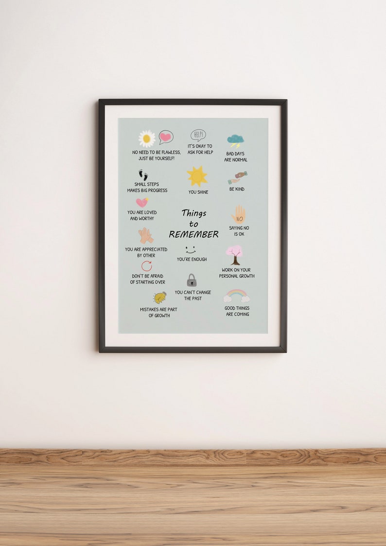 Pu&ograve; includere: Un poster azzurro chiaro con una cornice bianca, che presenta un elenco di cose da ricordare, illustrate con icone colorate. Il testo include frasi come "Tu brilli", "Sei amato e degno", "Va bene chiedere aiuto", e "Le cose buone stanno arrivando".
