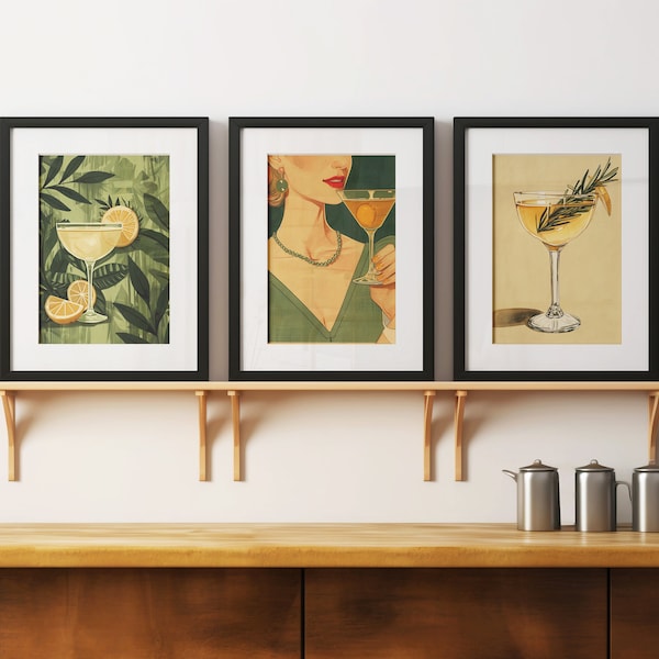 Juego de 3 impresiones de cócteles, póster de arte mural de bar, impresión artística de cócteles, impresión de bar de cócteles, póster de cócteles, arte mural de cócteles retro, arte de cócteles