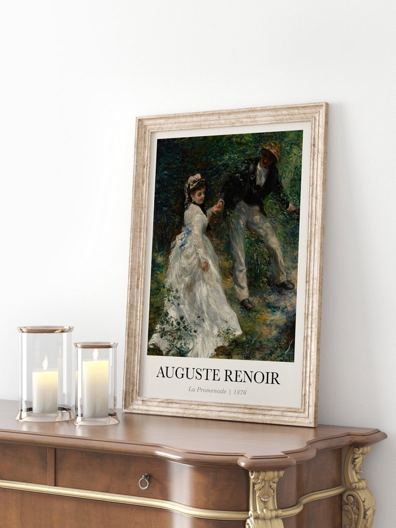 Auguste Renoir's 'La Promenade' art print depicting a man and woman walking in the woods, showcasing Renoir's classic Impressionist style