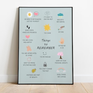 Pu&ograve; includere: Un poster blu con testo bianco e illustrazioni colorate. Il poster dice "Cose da ricordare" e include frasi come "Sei amato e degno", "Va bene chiedere aiuto", e "Le cose buone stanno arrivando".