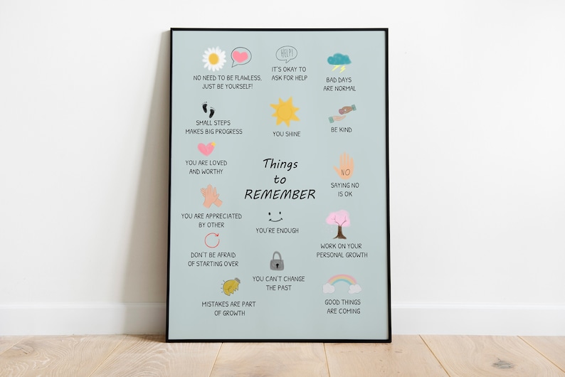 Pu&ograve; includere: Un poster blu con testo bianco e illustrazioni colorate. Il poster dice "Cose da ricordare" e include frasi come "Sei amato e degno", "Va bene chiedere aiuto", e "Le cose buone stanno arrivando".
