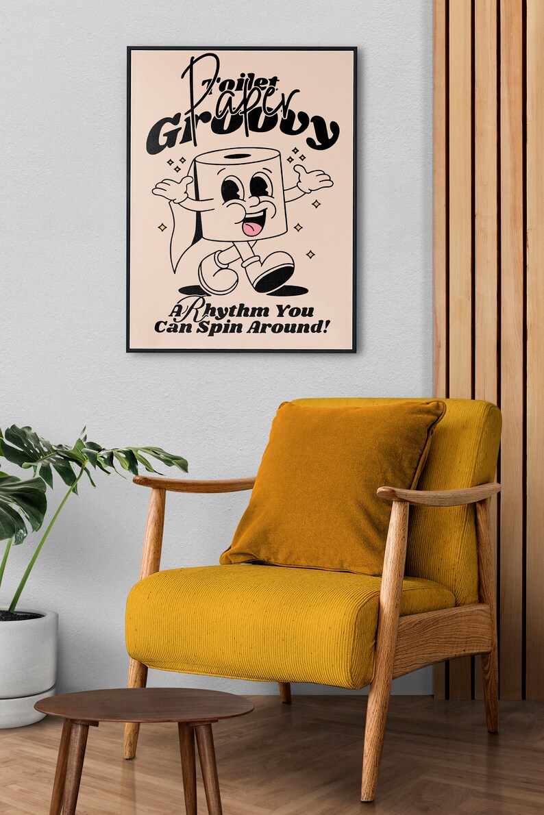 Vibrant living room scene featuring a framed poster with 'Groovy' cartoon character and a humorous toilet paper roll cartoon, set against a backdrop of a yellow chair and wooden decor elements.