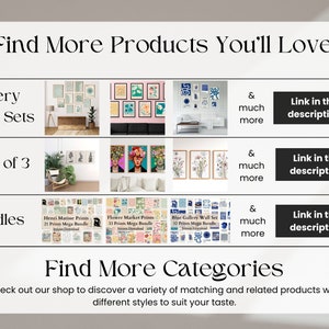 Op de afbeelding: Een collage van afbeeldingen die verschillende soorten wandkunstprints laten zien, waaronder galeriewandsets, sets van 3 en bundels. De tekst "Find More Products You'll Love!" en "Find More Categories" wordt bovenaan en onderaan de afbeelding weergegeven. De tekst "Link in the description" wordt drie keer herhaald, wat aangeeft dat meer informatie over elk type wandkunst te vinden is in de productbeschrijving.