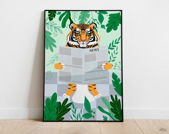 May include: A cartoon tiger wearing a green leafy crown sits on a toilet reading a newspaper with the word "NEWS" printed on it. The background is a light green with green leaves.