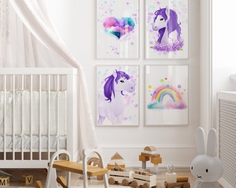 Ensemble de 4 décorations de chambre de bébé licorne, chambre de bébé licorne, art de chambre de bébé licorne, art imprimé licorne, impression d'affiche de licorne, art d'affiche de licorne