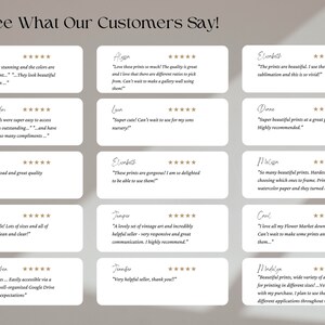 May include: A collage of customer reviews for digital art prints. Each review includes a five-star rating and a quote from the customer. The reviews highlight the quality, ease of use, and variety of the prints.