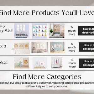 May include: A graphic showing different options for purchasing nursery wall art prints. The options include sets of 3 prints, individual prints, and gallery wall sets. The text "Find More Products You'll Love!" and "Find More Categories" is also included in the graphic.