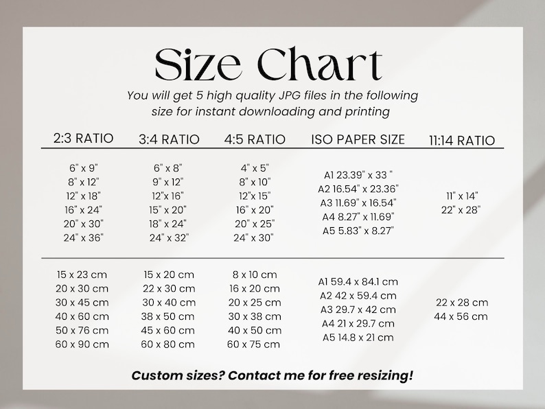 May include: A size chart for digital prints, showing different aspect ratios and corresponding measurements in inches and centimeters. The chart also includes standard ISO paper sizes with their dimensions in inches and centimeters.
