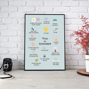 Pu&ograve; includere: Un poster azzurro chiaro con il testo "Things to Remember" in bianco. Il poster contiene un elenco di affermazioni positive con illustrazioni, tra cui un sole, un cuore, un albero e un arcobaleno.