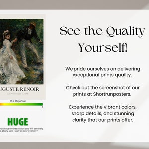 May include: A digital print of a painting by Auguste Renoir titled "La Promenade" from 1876. The painting depicts a couple walking in a forest. The print is 75.4 megapixels and is described as "HUGE". The text on the image reads "Your file has excellent resolution and will definitely print great at any size. Can we say "overkill"?"