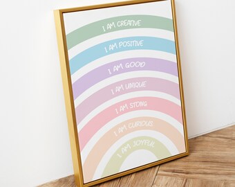 Láminas de Afirmaciones para Niños, Láminas de Afirmaciones Arcoíris, Arte Infantil, Arte de Pared con Afirmaciones para Niños